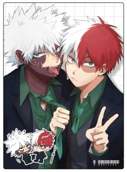 Rule 34 | 2boys, blue eyes, boku no hero academia, border, brothers, burn scar, chibi, closed mouth, clothes grab, collared shirt, commentary request, dabi (boku no hero academia), ear piercing, green necktie, green shirt, grey eyes, grid background, heterochromia, highres, jacket, looking at viewer, male focus, multicolored hair, multiple boys, necktie, necktie grab, neckwear grab, piercing, red hair, scar, scar on face, shirt, short hair, siblings, split-color hair, stapled, stapled face, stitched tongue, stitches, suit jacket, todoroki shoto, tongue, tongue out, two-tone hair, upper body, v, white border, white hair, wmatilda