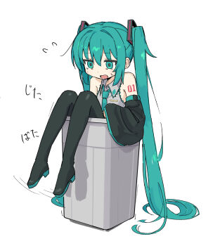 1girl bare_shoulders black_boots black_sleeves boots collared_shirt commentary detached_sleeves dot_nose flying_sweatdrops full_body fusazakura green_eyes green_hair green_necktie grey_shirt hair_between_eyes hatsune_miku highres in_container long_hair long_sleeves necktie number_tattoo open_mouth shirt shoulder_tattoo simple_background sitting sleeveless sleeveless_shirt solo tattoo thigh_boots trash_can twintails very_long_hair vocaloid white_background wide_sleeves