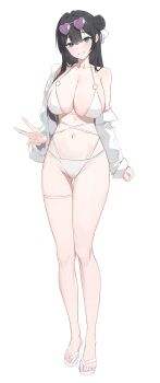 1girl absurdres bare_legs bare_shoulders bikini black_hair blue_eyes breasts cleavage collarbone eyewear_on_head full_body gluteal_fold grin hair_bun halterneck heart heart-shaped_eyewear highres jacket large_breasts long_hair long_sleeves looking_at_viewer meosic2 multi-strapped_bikini_bottom navel o-ring o-ring_bikini off_shoulder open_clothes open_jacket original simple_background single_side_bun slippers smile solo stomach string_bikini sunglasses swimsuit thigh_gap thigh_strap thighs v white_background white_bikini white_jacket