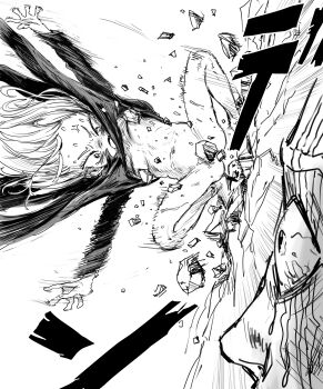 1boy 1girl absurdres anger_vein clothes_lift convenient_censoring crack cracked_wall debris dress dress_lift floating_hair highres king_(one-punch_man) loli long_hair long_sleeves looking_at_another lying monochrome motion_lines nervous_sweating no_bra no_panties on_stomach on_wall one-punch_man outstretched_arms pero_(sabuaka_bacon) scar scar_across_eye scar_on_face spread_arms spread_legs squatting sweat tatsumaki v-shaped_eyebrows wide-eyed