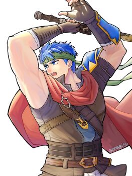 Rule 34 | 1boy, aonagimay, armor, arms up, artist name, blue eyes, blue hair, cape, commentary request, fire emblem, fire emblem: radiant dawn, green headband, headband, highres, holding, holding sword, holding weapon, ike (fire emblem), male focus, nintendo, pauldrons, red cape, short hair, shoulder armor, single pauldron, solo, sword, weapon