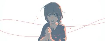 black_overalls black_sweater blue_eyes brown_hair earclip girls_band_cry grey_eyes highres holding holding_microphone iseri_nina long_sleeves low_twintails microphone multicolored_hair mywishislily open_mouth overalls roots_(hair) shirt short_hair short_twintails simple_background sweater twintails white_shirt