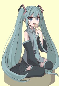 Rule 34 | ameshi (rzuw4482), aqua hair, aqua necktie, between legs, black skirt, black sleeves, black thighhighs, commentary, cookie, detached sleeves, double-parted bangs, eating, food, from side, full body, furrowed brow, green eyes, green trim, grey shirt, hand between legs, hand up, hatsune miku, highres, long sleeves, looking up, multicolored eyes, necktie, open mouth, pleated skirt, purple eyes, sad, shirt, simple background, sitting, skirt, sleeveless, sleeveless shirt, straight hair, tears, thighhighs, tie clip, twintails, two-tone eyes, vocaloid, wariza, yellow background, zettai ryouiki
