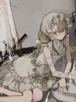 1girl blonde_hair blood blood_on_clothes blood_on_wall blush bow braid center-flap_bangs center_frills chain chinstrap closed_mouth colored_eyelashes commentary_request cross curtains dress electric_plug floor fork frilled_dress frills frown green_eyes hair_ribbon headscarf highres indoors kote1 lace_trim leaning_to_the_side long_hair looking_at_viewer looking_to_the_side multi-tied_hair on_floor original red_ribbon ribbon sakihara_konomi see-through_curtains short_dress sitting sleeveless sleeveless_dress solo table_knife torn torn_curtains tress_ribbon twin_braids unfinished waist_bow white_bow white_dress white_headscarf white_ribbon yokozuwari