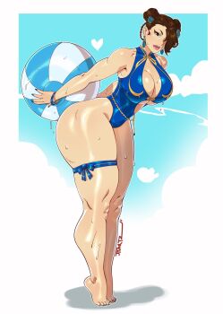 1girl alternate_costume ball beachball blue_one-piece_swimsuit breasts brown_eyes brown_hair capcom chun-li cleavage double_bun earrings full_body hair_bun highres jewelry jtt_artz large_breasts looking_at_viewer one-piece_swimsuit short_hair solo street_fighter swimsuit thick_thighs thigh_strap thighs tiptoes