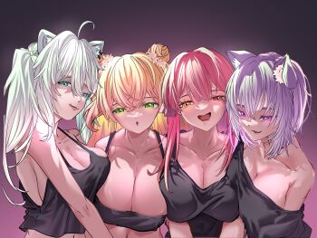 4girls absurdres ahoge alternate_costume animal_ear_fluff animal_ears bad_anatomy black_shirt blonde_hair breasts cat_ears cat_girl cleavage drooling green_eyes grey_eyes grey_hair heterochromia highres hololive houshou_marine keren_illust large_breasts lion_ears lion_girl long_hair looking_at_viewer medium_hair momosuzu_nene mouth_drool multiple_girls nekomata_okayu open_mouth purple_eyes purple_hair red_eyes shirt shishiro_botan very_long_hair virtual_youtuber yellow_eyes