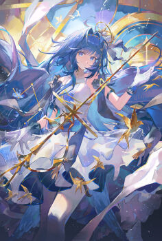1girl absurdres animal_ears arknights armillary_sphere astesia_(arknights) astesia_(frlibe_on_the_palace)_(arknights) bare_shoulders bird bird_ears blue_eyes blue_hair bright_pupils celestial_globe commentary_request diamond-shaped_pupils diamond_(shape) dress feather_hair flying_animal gloves gradient_gloves hair_ornament highres holding holding_microphone_stand long_hair looking_at_viewer microphone_stand official_alternate_costume orbital_path orbited shin_oooooo sleeveless smile solo star_(symbol) sword symbol-shaped_pupils very_long_hair weapon white_dress white_gloves winged_sword