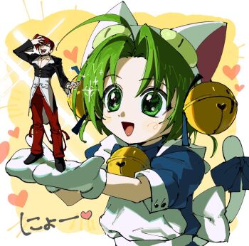 Rule 34 | 1boy, 1girl, ahoge, animal ear hairband, animal ears, apron, bell, black jacket, black shoes, blue dress, border, cat ear hairband, cat ears, cat tail, collared shirt, commentary request, cropped jacket, dejiko, di gi charat, dress, fake animal ears, full body, gloves, green eyes, hair bell, hair between eyes, hair ornament, hairband, hand on own face, in palm, jacket, korean commentary, laughing, neck bell, open mouth, pants, parted bangs, red hair, red pants, shirt, shoes, short hair, size difference, smile, sparkle, tail, the king of fighters, upper body, white apron, white border, white gloves, white hairband, white shirt, yagami iori, yellow background, yongsa (y0ngs4)
