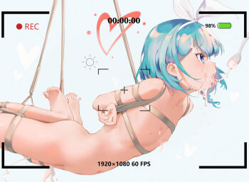 1girl absurdres arms_behind_back arona_(blue_archive) ass barefoot battery_indicator bdsm blue_archive blue_background blue_eyes blue_hair blush bondage bound bound_arms bound_legs bow bow_hairband braid collarbone colored_inner_hair completely_nude cum cum_in_mouth cum_on_body cum_on_chest cum_string cumdrip facial feet flat_chest hair_between_eyes hairband halo heart heart_halo highres loli looking_ahead medium_hair multicolored_hair navel nipples nude open_mouth pink_hair recording shibari shin_maboroshi sidelocks simple_background single_braid solo spoon stomach suspension teeth thighs tongue tongue_out upper_teeth_only viewfinder white_bow white_hairband