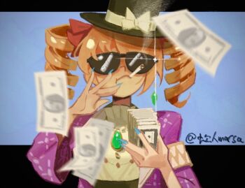 1girl banknote black_hat blue_background blue_nails cigarette closed_mouth commentary dollar_bill drill_hair eyewear_on_head grmarsa hat jewelry looking_at_viewer money orange_eyes orange_hair pendant solo sunglasses symbol-only_commentary throwing throwing_money top_hat touhou twin_drills twitter_username upper_body yorigami_jo'on