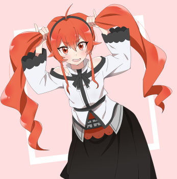 1girl alternate_hairstyle arms_up blush breasts bunching_hair eris_greyrat fang hairband highres legs long_hair long_skirt looking_at_viewer mushoku_tensei open_mouth playing_with_own_hair red_eyes red_hair scene_reference skirt small_breasts smile teeth thighs tongue twintails very_long_hair