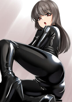 Rule 34 | 1girl, alternate costume, ass, black bodysuit, bodysuit, brown hair, commentary request, hayashio (kancolle), high heel bodysuit, highres, kantai collection, latex, latex bodysuit, long hair, red eyes, skin tight, solo, wata nuki