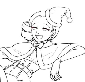 1girl artist_name belt black_hair blush bow bowtie buttons closed_eyes drill_hair drill_ponytail earrings faceless female female_focus formal_clothes gloves grin hat imscared j3str4ss jewelry monochrome open_mouth poncho restorer_(imscared) santa_costume santa_hat sketch smile