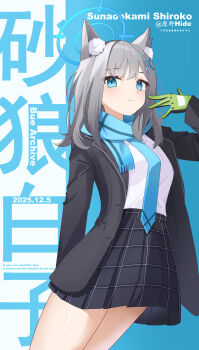 1girl absurdres animal_ear_fluff animal_ears black_jacket black_skirt blue_archive blue_background blue_eyes blue_necktie blue_scarf breasts character_name closed_mouth commentary_request cover cover_page english_text fringe_trim gloves green_gloves grey_hair hair_ornament halo hide21find57 highres jacket long_sleeves looking_at_viewer necktie open_clothes open_jacket plaid_clothes plaid_skirt pleated_skirt scarf school_uniform shiroko_(blue_archive) shirt skirt small_breasts smile solo twitter_username white_shirt wolf_ears
