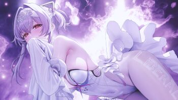 1girl armpit_crease bare_shoulders breasts cleavage commentary_request covered_navel covering_own_mouth detached_sleeves goddess_of_victory:_nikke hair_intakes highleg highleg_leotard highres leotard liberalio_(nikke) looking_at_viewer medium_breasts pink_hair purple_eyes red_eyes sideboob sleeves_past_fingers sleeves_past_wrists solar_(happymonk) solo strapless strapless_leotard white_leotard white_sleeves