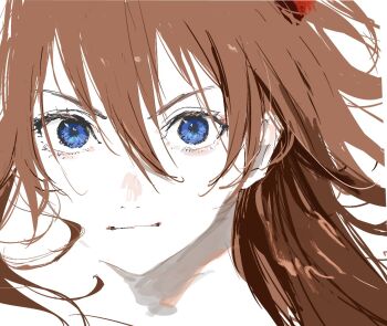 >:) 1girl blending blue_eyes brown_hair close-up closed_mouth colored_skin commentary english_commentary floating_hair hair_between_eyes highres long_hair looking_at_viewer needbee_r neon_genesis_evangelion sidelocks sketch smile solo souryuu_asuka_langley v-shaped_eyebrows white_background white_skin
