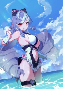 1girl absurdres animal_print bare_shoulders bird black_bow black_nails blue_sky bow bowtie breasts butterfly_print clothing_cutout cloud cloudy_sky commentary day drill_hair drill_sidelocks english_commentary frilled_one-piece_swimsuit frilled_wrist_cuffs frills grin hair_bow highres horizon in_water long_hair looking_at_viewer medium_breasts mole mole_under_eye navel ocean official_alternate_costume one-piece_swimsuit parted_lips pink_bow pointy_ears purple_bow purple_bowtie purple_hair red_eyes see-through_clothes setsu_(pixiv_76309149) sideboob_cutout sidelocks sky smile solo sparkle stomach_cutout swimsuit thigh_strap two-tone_one-piece_swimsuit vivian_banshee vivian_banshee_(iris_of_the_shore) wading water wet white_bird white_one-piece_swimsuit wrist_cuffs zenless_zone_zero