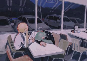 2girls agent_3_(splatoon) agent_3_(splatoon_3) black_shirt blonde_hair car chair diner dr_mice green_hair head_on_table highres holding indoors inkling inkling_girl inkling_player_character long_hair long_sleeves menu motor_vehicle multiple_girls night nintendo pointy_ears shirt sitting splatoon_(series) splatoon_3 table tentacles window