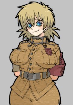 Rule 34 | 1girl, arms behind back, blonde hair, blue eyes, breasts, brown jacket, brown skirt, hellsing, impossible clothes, impossible jacket, jacket, large breasts, pantsu-ripper, raised inner eyebrows, seras victoria, short-sleeved jacket, short sleeves, side slit, skirt, smile, solo, upper body, wavy mouth