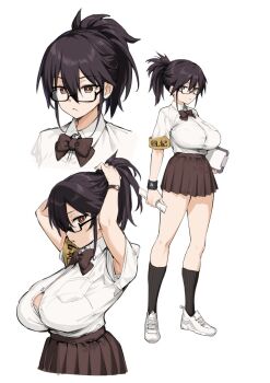 1girl armband armpits arms_up black-framed_eyewear black_bow black_bowtie black_hair black_skirt black_socks bow bowtie bra breasts bright_pupils brown_eyes button_gap clipboard collared_shirt commentary_request expressionless glasses highres holding holding_clipboard holding_ruler huge_breasts kazama_ritsuko large_breasts long_hair multiple_views original pleated_skirt ponytail school_uniform semi-rimless_eyewear shirt shirt_tucked_in shoes short_sleeves skirt sneakers socks sweatband try_(lsc) tying_hair underwear watch white_bra white_footwear white_pupils white_shirt wristband wristwatch yellow_armband