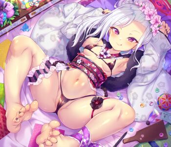 1girl :q armpits barefoot bikini black_bikini black_nails blue_archive blush breasts frilled_thigh_strap closed_mouth dice feet female_focus flower flower_wreath full_body fur-trimmed_kimono fur_trim hair_flower hair_ornament halo japanese_clothes kimono loli long_hair long_sleeves looking_at_viewer lying micro_bikini mutsuki_(blue_archive) mutsuki_(new_year)_(blue_archive) nail_polish navel obi on_back origami paddle paper_crane partially_visible_vulva pencil pink_flower pointy_ears ponytail purple_eyes sash silver_hair sleeves_past_wrists small_breasts smile solo spread_legs spread_toes stomach string_bikini swimsuit thigh_strap toenail_polish toenails toes tongue tongue_out toraishi_666 white_kimono