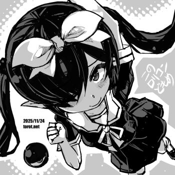 1girl ;) alternate_costume arm_up backbeako_(torotei) backbeard blush bow breasts clenched_hand closed_mouth commentary dated dated_commentary dutch_angle gegege_no_kitarou grey_background greyscale hair_bow hair_over_one_eye hand_up kono_lolicon_domome long_hair looking_at_viewer monochrome neck_ribbon one_eye_closed original paid_reward_available pointy_ears ribbon sailor_collar school_uniform shirt shoes simple_background skirt small_breasts smile solo torotei translated twintails two-tone_background watermark web_address white_background