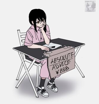 1girl aze_chainsawman black_hair chainsaw_man chair closed_mouth dress hand_on_own_chin head_rest light_smile long_hair nayuta_(chainsaw_man) photo-referenced photo_inset pink_dress ringed_eyes sitting solo table white_background yellow_eyes