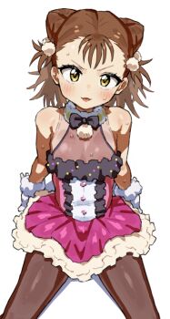 1girl bare_shoulders black_bow black_bowtie bow bowtie brown_hair brown_pantyhose center_frills commentary_request cone_hair_bun double_bun dress flat_chest frills fur-trimmed_gloves fur_collar fur_trim gloves hair_bun hair_ornament highres invisible_chair looking_at_viewer medalist_(manga) medium_hair miketa_ryouka mo_(boo1719501boo) open_mouth pantyhose pink_dress pom_pom_(clothes) pom_pom_hair_ornament simple_background sitting sleeveless sleeveless_dress solo white_background white_gloves yellow_eyes