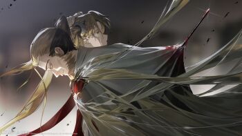 1boy 1girl :o absurdres beard blonde_hair blood blurry blurry_background brown_hair cape copyright_name copyright_notice crying crying_with_eyes_open facial_hair facial_mark forehead_mark from_side grey_background grin hand_on_another's_head highres impaled logo long_hair official_art official_wallpaper pointy_ears profile smile streaming_tears tears twintails upper_body verne_(xinyue_tongxing) white_cape xinyue_tongxing yellow_eyes