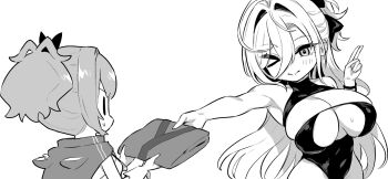 &gt;_o 2girls :&gt; armpits azur_lane azur_lane:_slow_ahead bow breasts cleavage covered_navel greyscale hair_bow hakuhou_(azur_lane) hakuhou_(floral_ninja_roleplay)_(azur_lane) hand_up high_ponytail highres hori_(hori_no_su) huge_breasts javelin_(azur_lane) long_bangs long_hair medium_hair monochrome multiple_girls official_alternate_costume one_eye_closed ponytail simple_background sweatdrop very_long_hair white_background