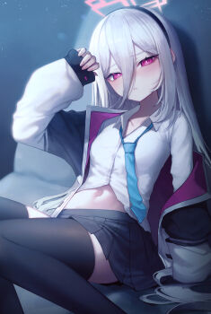 1girl absurdres bagya black_skirt black_thighhighs blue_archive blue_necktie blush breasts coat commentary_request hair_between_eyes halo highres kei_(blue_archive) kei_(new_body)_(blue_archive) long_hair looking_at_viewer midriff_peek miniskirt navel necktie pink_halo pleated_skirt purple_eyes school_uniform shirt skirt small_breasts solo thighhighs very_long_hair white_coat white_hair white_shirt