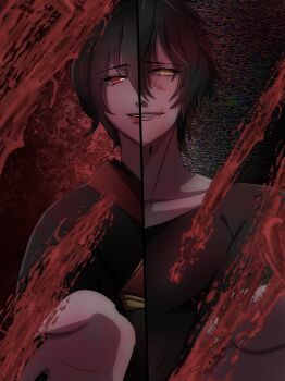 absurdres black_hair black_shirt blood highres kamio18 lipstick looking_at_viewer makeup male_focus red_eyes scar scar_on_face scar_on_mouth shirt short_hair slow_damage smile split_screen split_theme towa_(slow_damage) upper_body