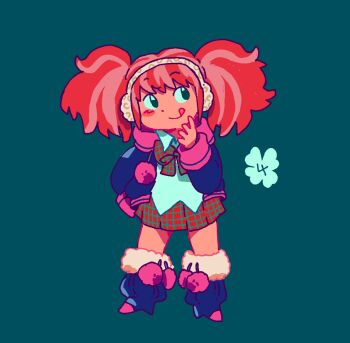 Rule 34 | 1girl, :q, aqua background, ayellowapple, big hair, blue boots, blue jacket, blush stickers, boots, bow, collared shirt, commentary, deformed, dot nose, drawstring, earmuffs, english commentary, full body, fur-trimmed boots, fur trim, green eyes, highres, hood, hood down, hooded jacket, jacket, kyokugen dasshutsu, kyokugen dasshutsu: 9 jikan 9 nin 9 no tobira, long sleeves, open clothes, open jacket, pink hair, plaid bow, plaid clothes, plaid skirt, pom pom (clothes), pom pom drawstring, red bow, red hair, red skirt, shirt, sidelocks, simple background, single blush sticker, skirt, smile, solo, standing, tongue, tongue out, twintails, white shirt, yotsuba (kyokugen dasshutsu)