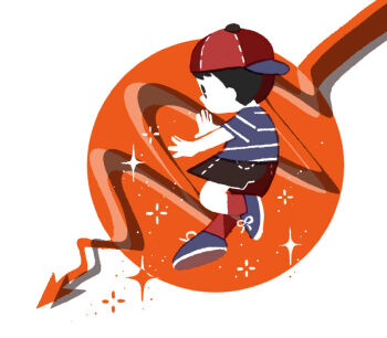 Rule 34 | 1boy, backwards hat, baseball cap, black hair, casting spell, commentary request, full body, hat, looking ahead, male focus, mother (series), mother 1, ninten, nintendo, pac-man eyes, red socks, shirt, short hair, shorts, sideways hat, simple background, socks, solo, sparkle, striped clothes, striped shirt, tanba (tanba-art), white background