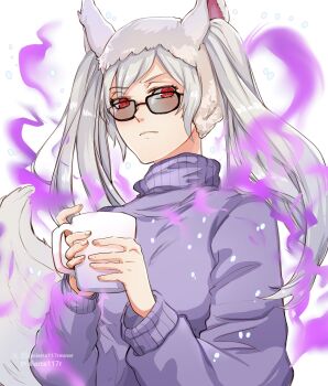 1girl absurdres alternate_costume animal_ears aura black-framed_eyewear blush breasts closed_mouth commission commissioner_upload corruption cup dark_aura dark_persona female_robin_(fire_emblem) female_robin_(grima)_(fire_emblem) female_robin_(grima)_(halloween)_(fire_emblem) fire_emblem fire_emblem_awakening fire_emblem_heroes frown glasses highres holding holding_cup long_hair looking_at_viewer medium_breasts mug nintendo possessed purple_sweater red_eyes sierra117renner snowing sweater tail turtleneck turtleneck_sweater twintails white_hair wolf_ears wolf_tail
