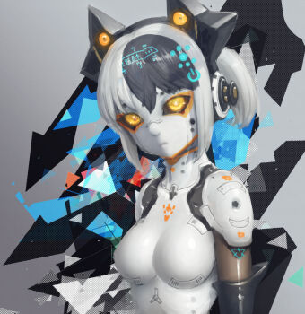 Rule 34 | 1girl, android, black hair, black sclera, bodysuit, breasts, colored sclera, colored skin, commentary request, expressionless, headgear, highres, looking at viewer, medium breasts, multicolored hair, original, short twintails, solo, twintails, two-tone hair, white bodysuit, white hair, white skin, yellow eyes, yumikoyama49