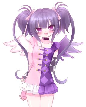 1girl :d argyle_arm_warmers argyle_clothes argyle_dress arms_behind_back asymmetrical_wings buttons choker cowboy_shot dress flat_chest frilled_dress frills hair_ribbon highres kurisu_kaname long_hair looking_at_viewer mipi_(u3u_00) mismatched_arm_warmers mismatched_wings open_mouth pink_arm_warmers pink_dress pretty_rhythm pretty_rhythm_aurora_dream pretty_series purple_dress purple_eyes purple_hair ribbon short_dress short_sleeves simple_background smile solo split-color_clothes twintails white_background wings