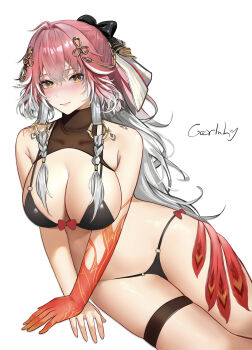 1girl 2024 absurdres ahoge artist_name bikini black_bikini black_bow blush body_markings bow braid breasts bright_pupils car1nly changli_(wuthering_waves) cleavage closed_mouth colored_extremities commentary covered_collarbone dated feather_hair hair_between_eyes hair_bow hair_extensions hair_intakes hair_ornament highres large_breasts long_hair looking_at_viewer making-of_available multicolored_hair pink_hair red_hands revision ring_hair_extensions sitting smile solo swimsuit thigh_strap twin_braids two-tone_hair very_long_hair white_bow white_hair white_pupils wuthering_waves yellow_eyes yokozuwari