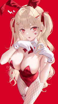 1girl animal_ear_hairband animal_ears arm_tattoo black_gloves blonde_hair blunt_bangs bow bowtie breasts cleavage commentary covered_navel detached_collar earrings ears_down fake_animal_ears fishnet_pantyhose fishnets four-finger_heart_hands gloves hair_ornament hair_ribbon hairband hands_up heart heart_earrings heart_hair_ornament heart_hands highres jewelry large_breasts leotard lipstick_mark long_hair looking_at_viewer mhru mole mole_on_breast open_mouth original paid_reward_available pantyhose playboy_bunny rabbit rabbit_ear_hairband rabbit_ears red_background red_bow red_bowtie red_eyes red_leotard red_ribbon ribbon sideboob solo standing strapless strapless_leotard tattoo thigh_strap thighs two_side_up very_long_hair watermark white_wrist_cuffs wrist_cuffs