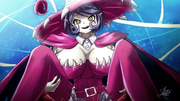 1girl appmon belt breasts cape cleavage collar digimon digimon_(creature) digimon_universe:_appli_monsters felipecereda hat huge_breasts leotard looking_at_viewer nail_polish open_mouth pink_cape pink_leotard pink_thighhighs purple_hair short_hair smile solo tagme thighhighs warudamon witch_hat