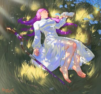 Rule 34 | 1girl, 2026, artist name, barefoot, blue flower, book, breasts, closed eyes, closed mouth, commentary, dress, feet, fern (sousou no frieren), flower, grass, highres, holding, holding book, large breasts, long hair, long sleeves, lying, mage staff, nail polish, on back, open book, purple hair, purple nails, reiss art, sleeping, soles, solo, sousou no frieren, staff, tall grass, toenail polish, toenails, toes, very long fingernails, very long hair, white dress