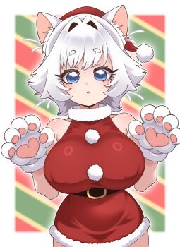 1girl animal_ear_fluff animal_ears animal_hands bare_arms bare_shoulders belt black_belt blue_eyes breasts cat_ears commentary covered_erect_nipples cowboy_shot diagonal-striped_background dress english_commentary erigo fur-trimmed_dress fur-trimmed_headwear fur_trim gloves hair_intakes hat highres huge_breasts kimi_no_koto_ga_dai_dai_dai_dai_daisuki_na_100-nin_no_kanojo nekonari_tama paw_gloves paw_pose pom_pom_(clothes) red_hat santa_costume santa_hat simple_background sleeveless sleeveless_dress solo striped_background triangle_mouth white_gloves white_hair