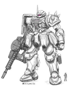 1other 2026 artist_name commentary drum_magazine english_commentary full_body greyscale gun gundam holding holding_gun holding_weapon horns magazine_(weapon) mecha mecha_focus meganerid missile_pod mobile_suit mobile_suit_gundam monochrome one-eyed original purple_eyes radio_antenna redesign robot science_fiction shoulder_spikes simple_background single_horn size_comparison spikes spot_color standing thrusters weapon zaku_ii