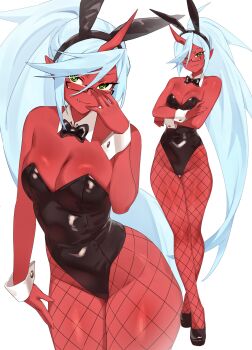 1girl animal_ears black_bow black_bowtie black_hairband black_leotard blue_hair bow bowtie breasts closed_mouth colored_skin commentary detached_collar english_commentary fake_animal_ears fishnet_pantyhose fishnets full_body glasses green_eyes hair_between_eyes hair_ornament hairband highres horns iwbitu kneesocks_(psg) large_breasts leotard long_hair looking_at_viewer panty_&amp;_stocking_with_garterbelt pantyhose playboy_bunny ponytail rabbit_ears red_skin simple_background single_horn smile standing thighs white_background wrist_cuffs