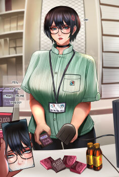 1girl absurdres anger_vein badcompzero barcode_scanner blue_eyes brand_name_imitation breasts buying_condoms cashier choker condom_box convenience_store counter cum cum_on_body ear_piercing employee_uniform english_text face_piercing facial glasses highres holding holding_barcode_scanner large_breasts lip_piercing mouth_piercing name_tag nose_piercing original phone piercing shelf shirt shop store_clerk striped_clothes striped_shirt vertical-striped_clothes vertical-striped_shirt