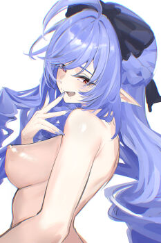 1girl breasts drill_hair ei_(eiei_e1) from_behind highres large_breasts long_hair looking_at_viewer looking_back nipples nude open_mouth pointy_ears purple_hair purple_nails red_eyes simple_background twin_drills upper_body vivian_banshee white_background zenless_zone_zero