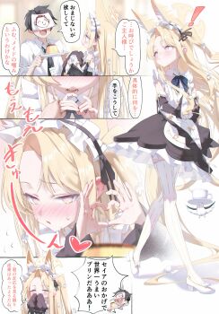 absurdres animal_ears blonde_hair blue_archive bow commentary_request cup embarrassed food heart heart_hands high_heels highres long_hair maid nagomi_naka pudding sen sensei_(blue_archive) standing teacup thighhighs