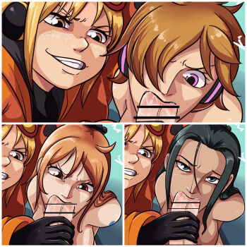 1boy 4girls absurdres angry assisted_fellatio bar_censor black_gloves black_hair blonde_hair blue_eyes breasts brown_eyes brown_hair censored eyewear_on_head fellatio gloves goggles gradient_background grin headphones highres looking_at_viewer medium_breasts multiple_girls nami_(one_piece) nico_robin nude one_eye_covered one_piece oral orange_hair pink_eyes pov s0_underrated smile vegapunk_lilith vegapunk_york