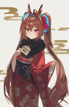 1girl animal_ears blush breasts brown_hair closed_mouth commentary_request daiwa_scarlet_(umamusume) ema floral_print floral_print_kimono fur-trimmed_kimono fur_trim hair_between_eyes hair_intakes highres holding holding_ema horse_ears horse_girl horse_tail japanese_clothes kimono long_hair long_sleeves looking_at_viewer print_kimono red_eyes red_kimono solo tail tiara twintails umamusume very_long_hair wide_sleeves yui35