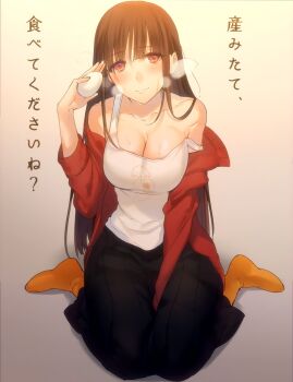 10s 1girl bare_shoulders blush breasts brown_hair cleavage egg female_focus full_body highres kippu long_hair looking_at_viewer no-rin red_eyes sitting smile socks solo sweat